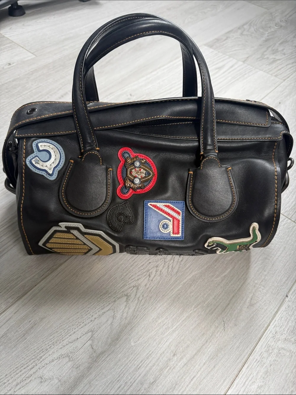 Coach Black Leather Satchel with Multicolor Patch Accents